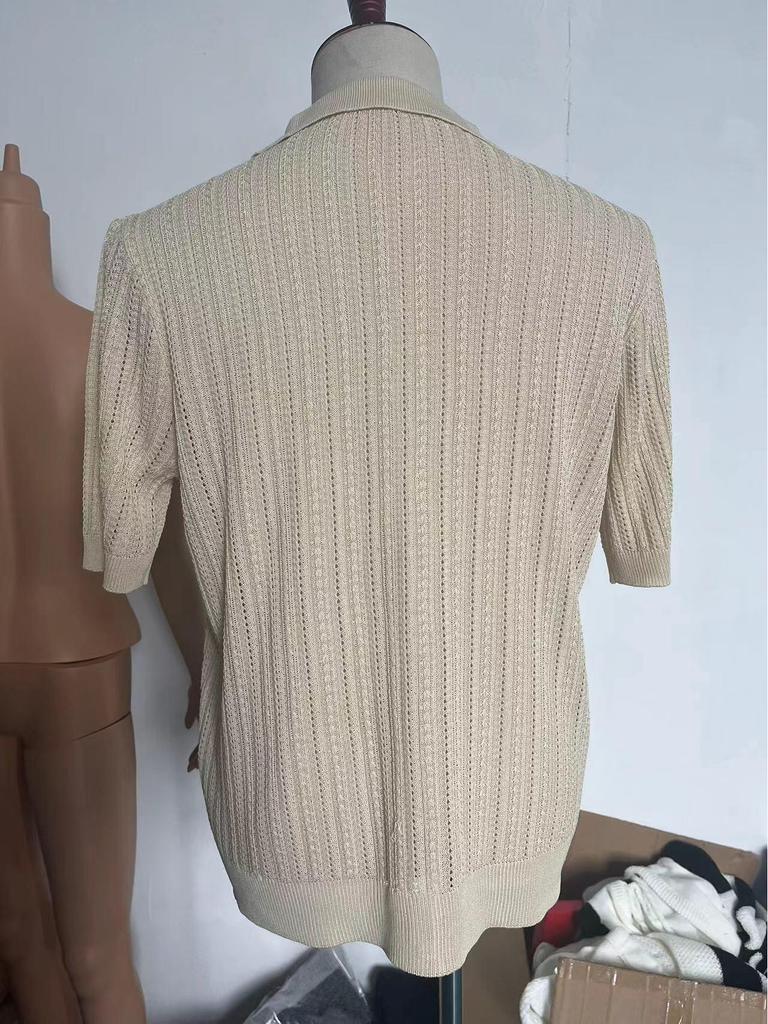 Men's Summer Cool Knit Short Sleeve Collared Shirt - Solid Color, Breathable, Hollow Out Design