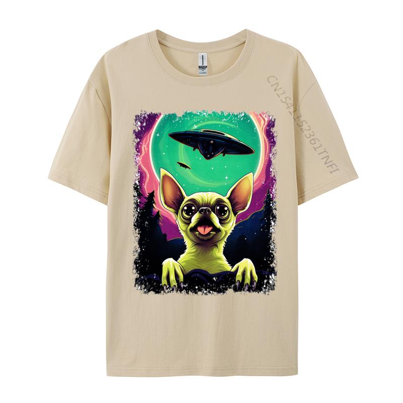 100 Cotton Fabric Men Chihuahua Puppy Surprised Ufo Flying Saucer T Shirt Casual Tops Shirt 2024 Newest Tops Shirt