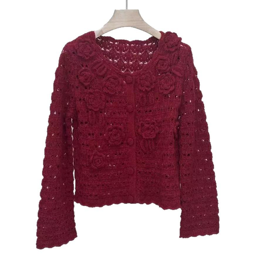 Angola Red Rose 3D Lace Crochet Knit Cardigan - Retro Stylish Loose Sweater Coat (Spring 2026 Edition)