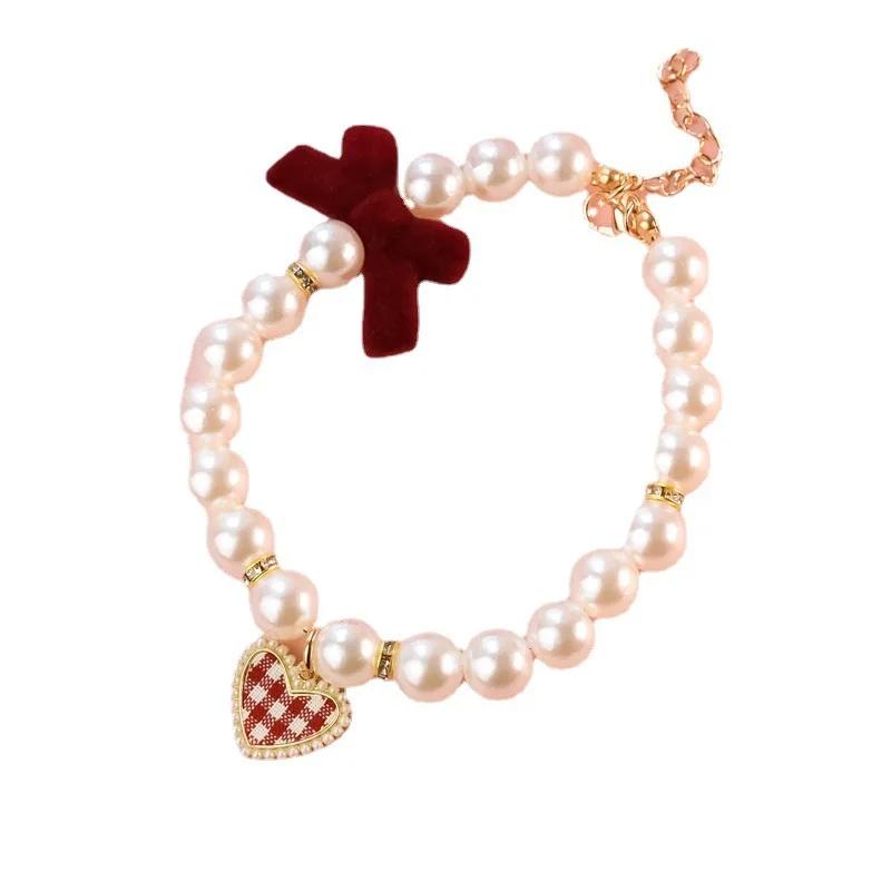 New Series Cat Collar Imitation Pearl Vintage Love Crystal Pendant Neck Ornament Cute Puppy Accessories Also Suitable for Dog