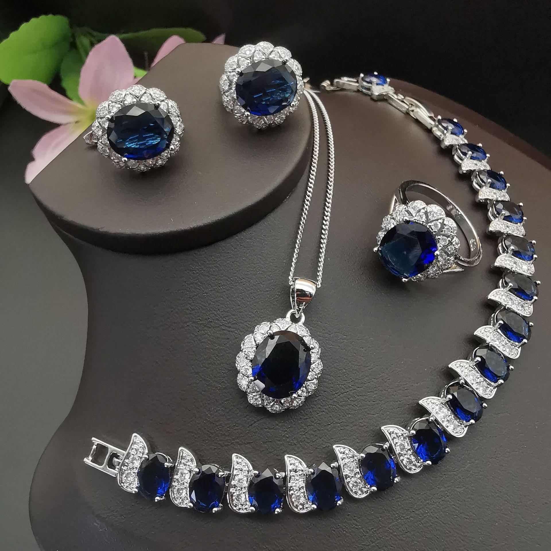 

Набор ювелирных изделий: Универсальные европейские и американские ожерелья, серьги, кольца, браслеты, ювелирные изделия из кристаллов циркония 9