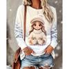 Damen Langarm T-Shirt Weihnachten Cartoon Mädchen Katze Geschenk Schnee Print Rundhals Locker Lässig Feiertagsbluse Oberteile