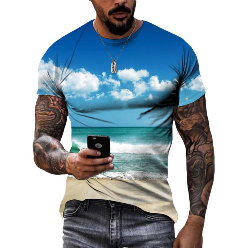 Sommersollys Havbølge Sand Casual Stil grafiske t-skjorter Mote Nye Menn Fritid Trykket Rund Hals Kortermet T-skjorter Topper