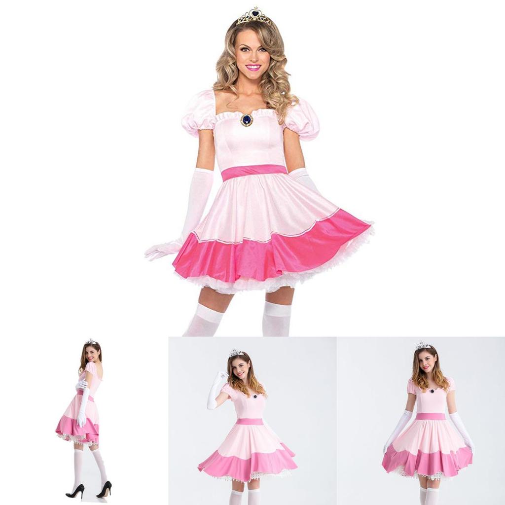 Elegant Super Mario Pink Princess Peach Costume Dress With Crown And Gloves Set