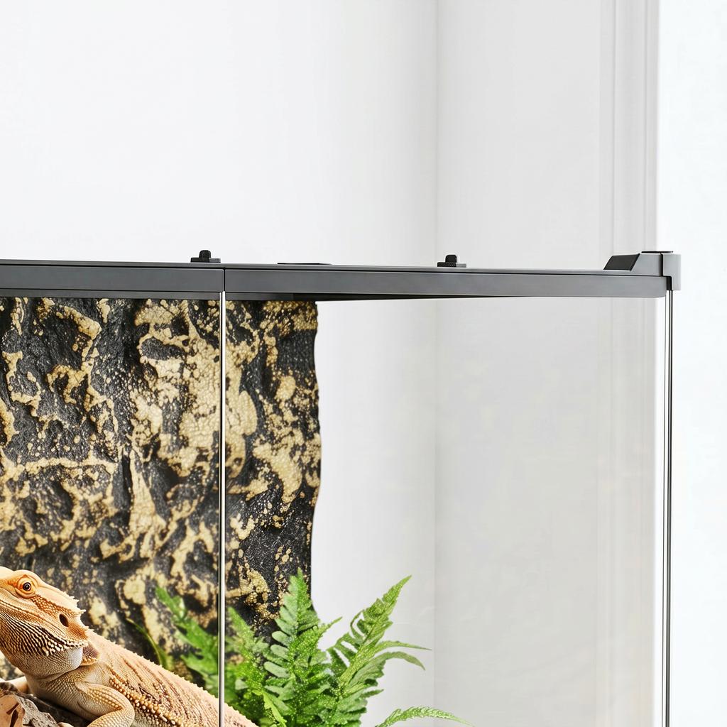 Reptile Glass Terrarium with Stone Background, Front Ventilation, Escape-Proof Knob Lock, 50 x 30 x 35 cm, Black