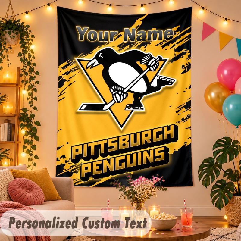 Pittsburgh Penguins Personalized Wall Tapestry Custom Name Text Polyester Hanging Decor Home Room