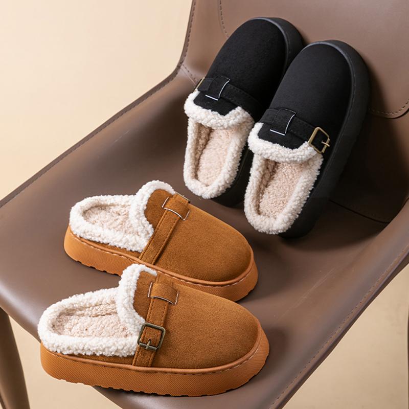 Fashion Outdoor Faux Suede Plush Slippers for Women 2025 Winter Warm Platform Boken Slippers Woman Thick Sole Non Slip Home Slides