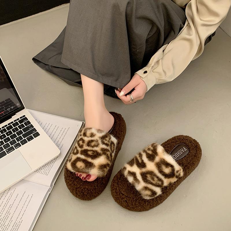 Internet Celebrity Mao Mao Slippers Women Wear 2025 New Autumn and Winter Thick Bottom Home Cotton Slippers Leopard Print Retro Versatile Word