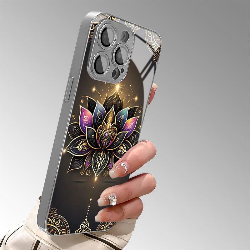 Golden Lotus Flower Tempered Glass Electroplate Phone Case For iPhone 17 18 Pro Max 13 12 11 Pro 14 15 16 Plus 16E 17Air Cover