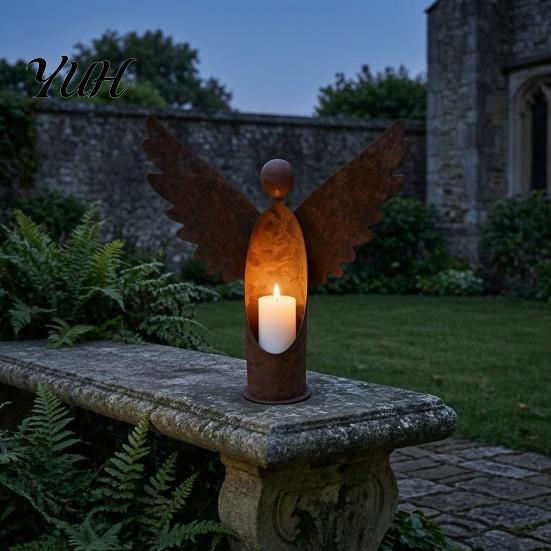 Garden Patio Ornament Decor Rusted Angel Candle Holder, Vintage Metal Tealight Candelabra, Decorative Holder for Windowsill Rustic Weather?Resistant