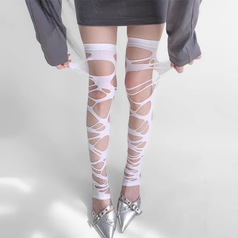 Y2K Hollow Out Stockings Women Punk Sexy Tights Leggings Jk Lolita Over The Knee Hosiery Female Broken Hole Fishnets Long Sock