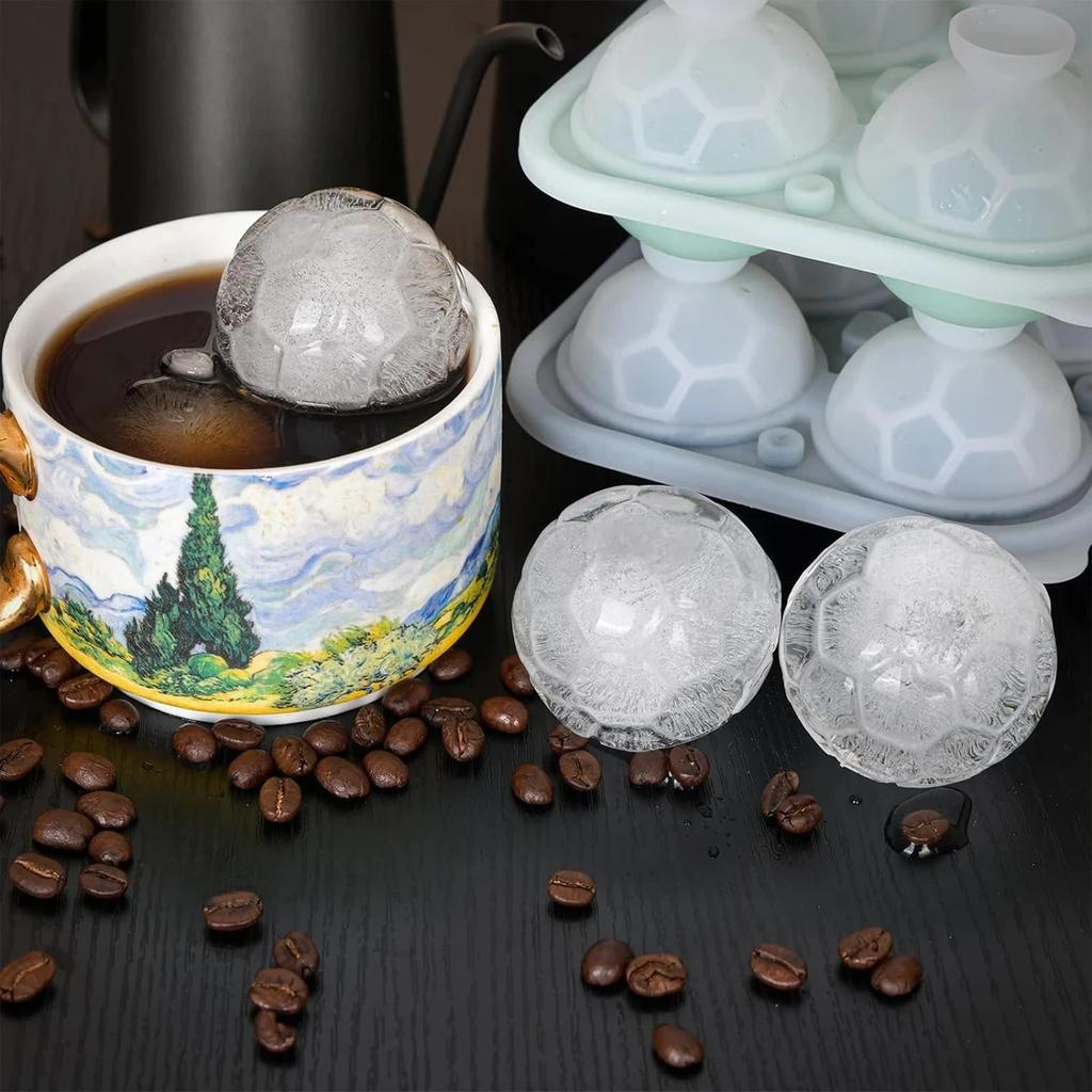 1Pc Soccer Ice Cube Mold,Silicone Sphere Ice Mold Chocolate Mold with Clear Funnel-type Lid,Make 4 Large Ice Balls for Juice