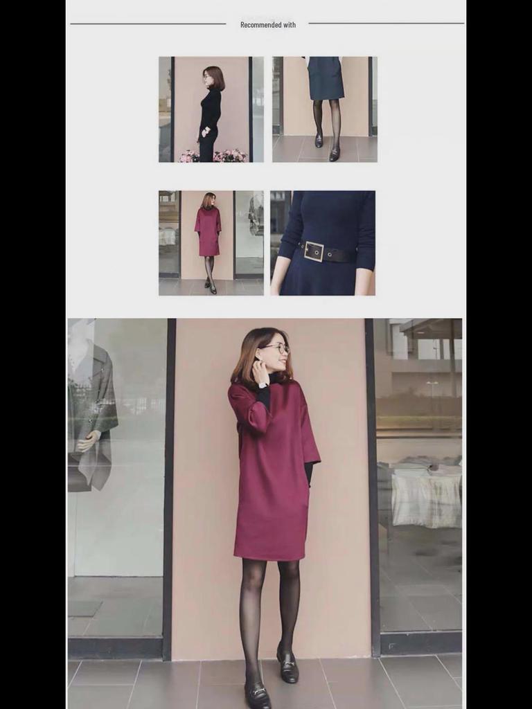 Dámské vlněné šaty: Tříčtvrteční rukávy, Volný střih, Spuštěná ramena, Zeštíhlující sukně - Edice Podzim/Zima 2021