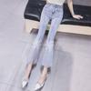 Women's Korean-Style High-Waisted Flared Split Hem Jeans, Spring New Arrival, Elastic Slim Fit, Beaded, Cropped.