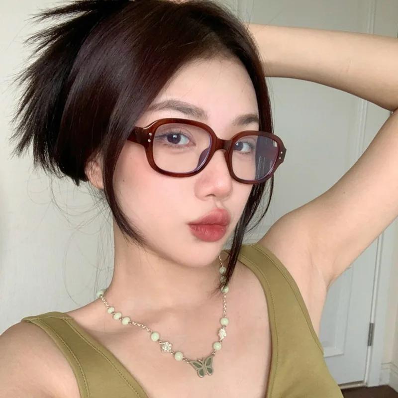 Retro Square Oval Frame Anti Blue Light Glasses Red Thick Frame Plain Eyes Glasses Korean Fashion Female Eye Protection Eyewear