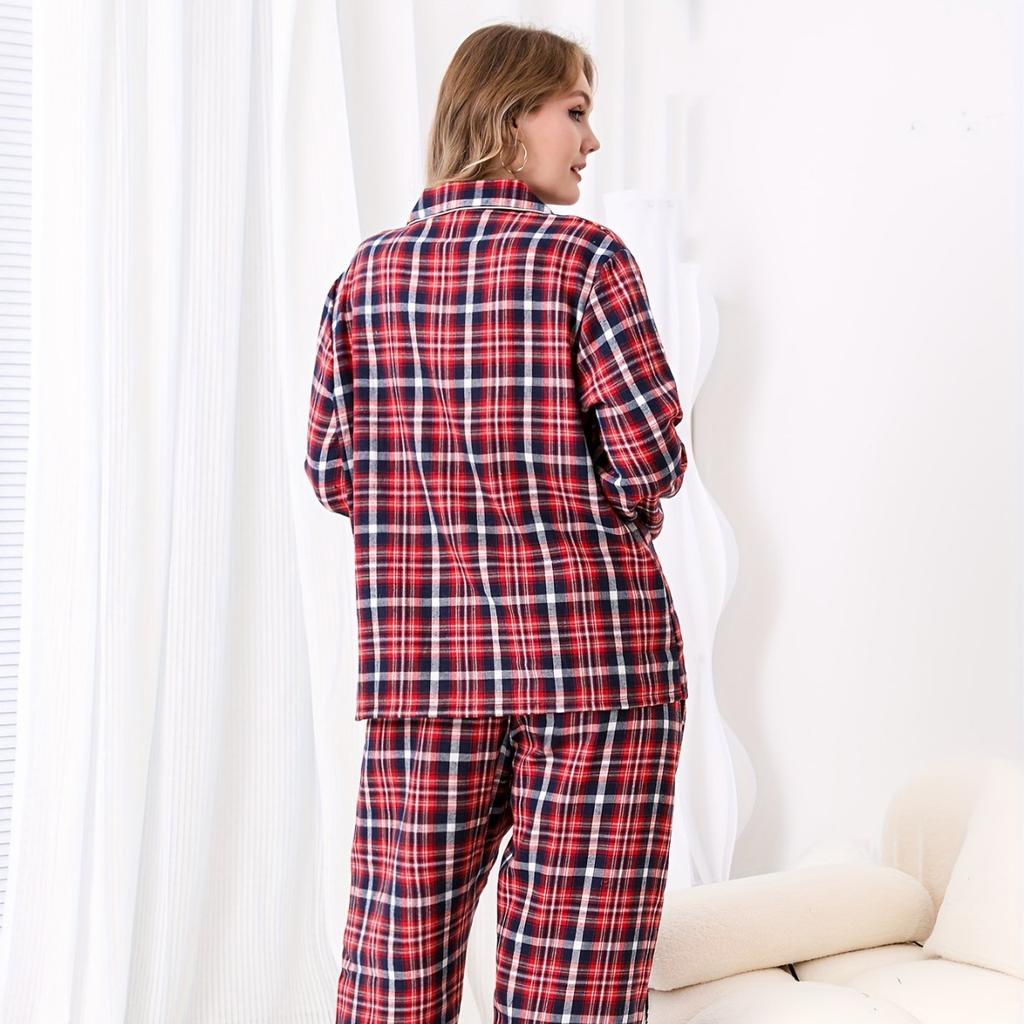 Large size women's double long white and red plaid thermal home pajamas set