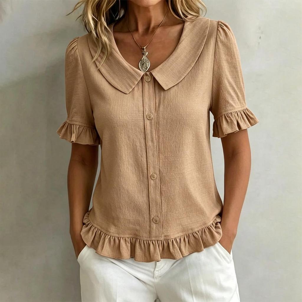 Women's Lace Trim Short Sleeve Cotton Linen T-Shirt Casual Top