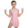Girls Figure Skating Dress Sleeveless Sparkly Rhinestones Ruched Mesh Built In Briefs Dancewear