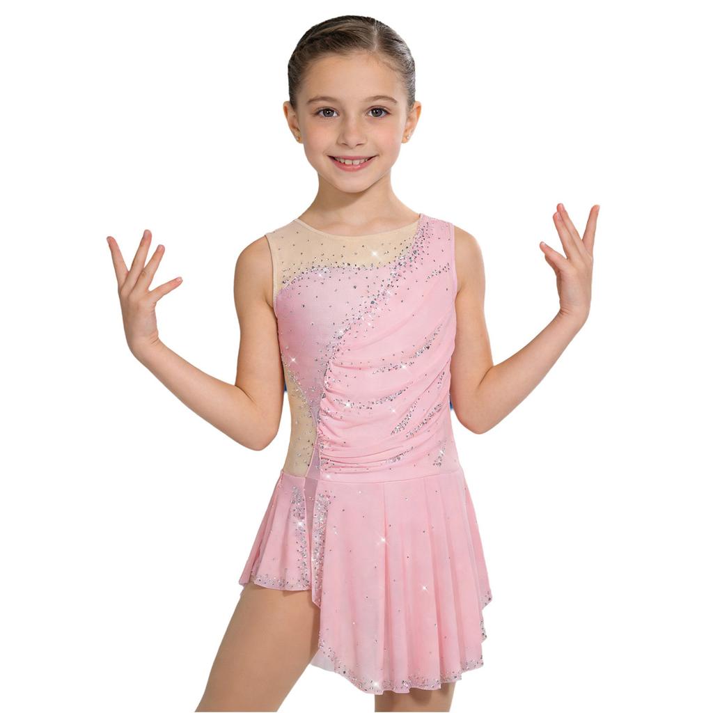 Girls Figure Skating Dress Sleeveless Sparkly Rhinestones Ruched Mesh Built In Briefs Dancewear