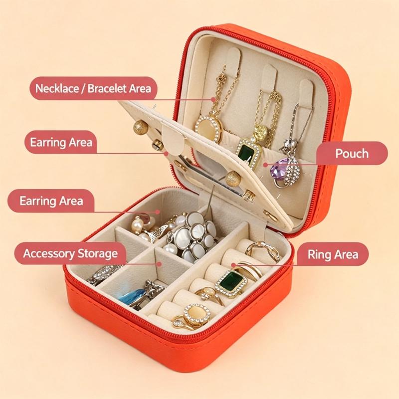 Jewelry Storage Box with Mirror, Compact Travel Case with Ring Rolls, Necklace Hooks and Zip-Around Closure Design