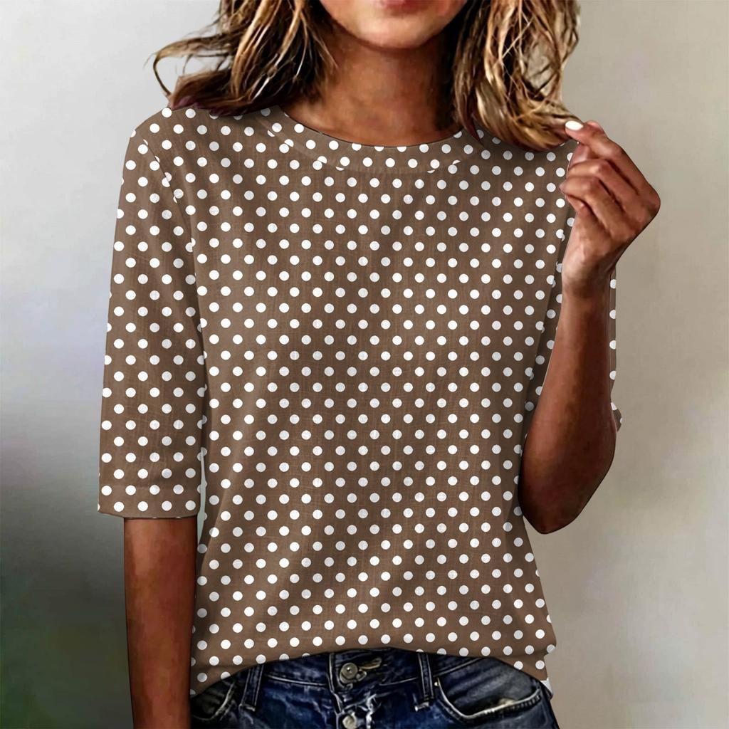 Women's Casual Loose Fit Short Sleeve Top Round Neck Lightweight Comfortable Soft Fabric Polka Dot Pattern Everyday Wear