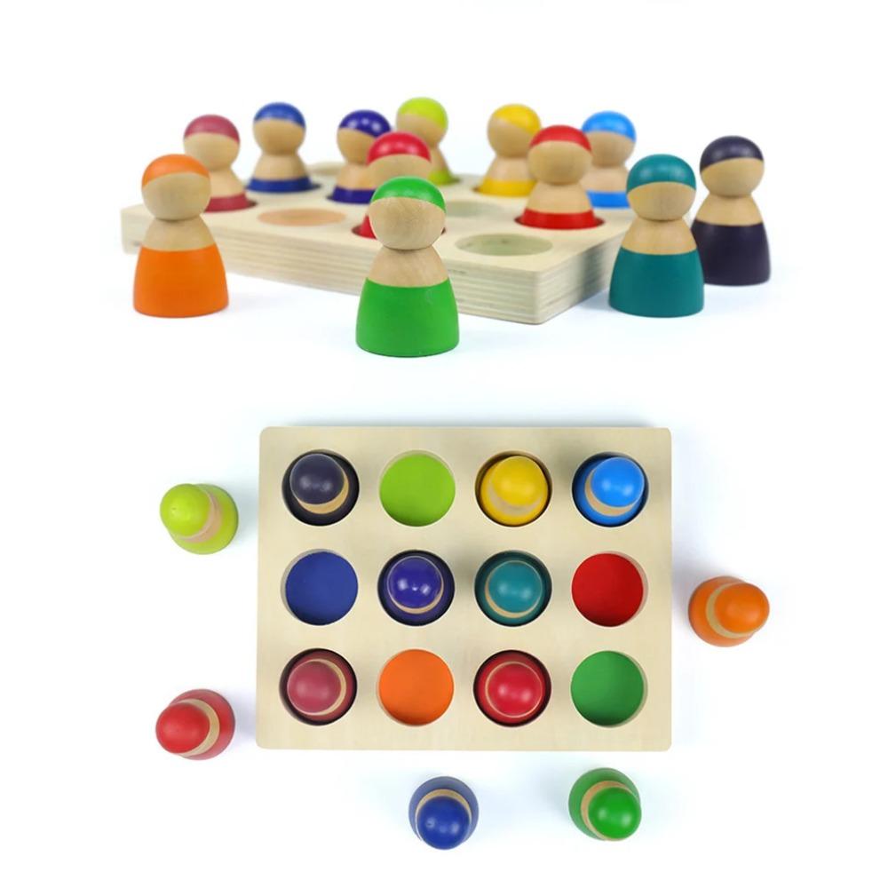 Montessori Sorting Board Puzzle Game Solid Wood Rainbow/Macaron Color Tray Villain Bead Color Cognition Matching Educational Toy