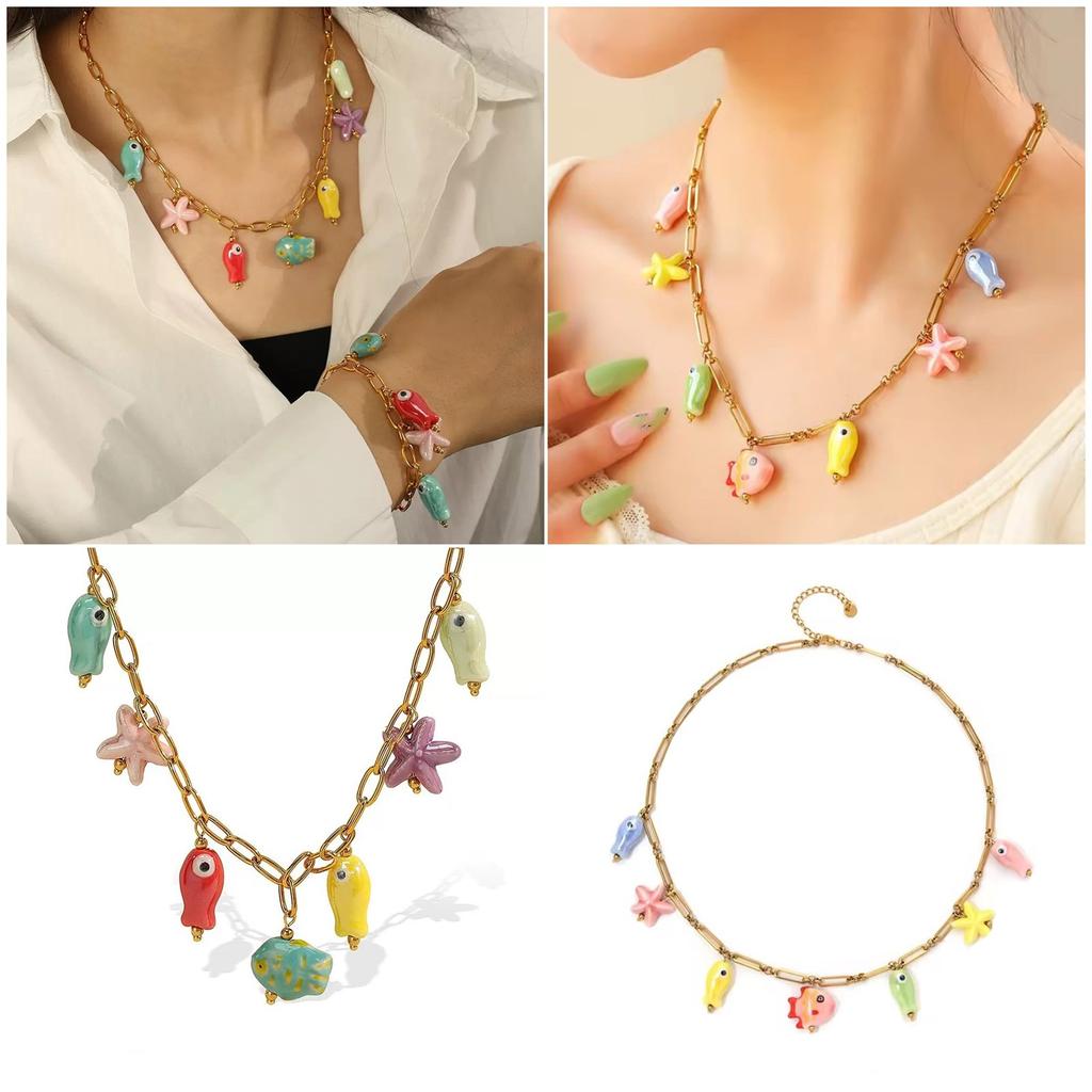 Fashionable Ceramic and Stainless Steel Oceanics Themed Adjustable Necklace With Starfish and Fish Pendant