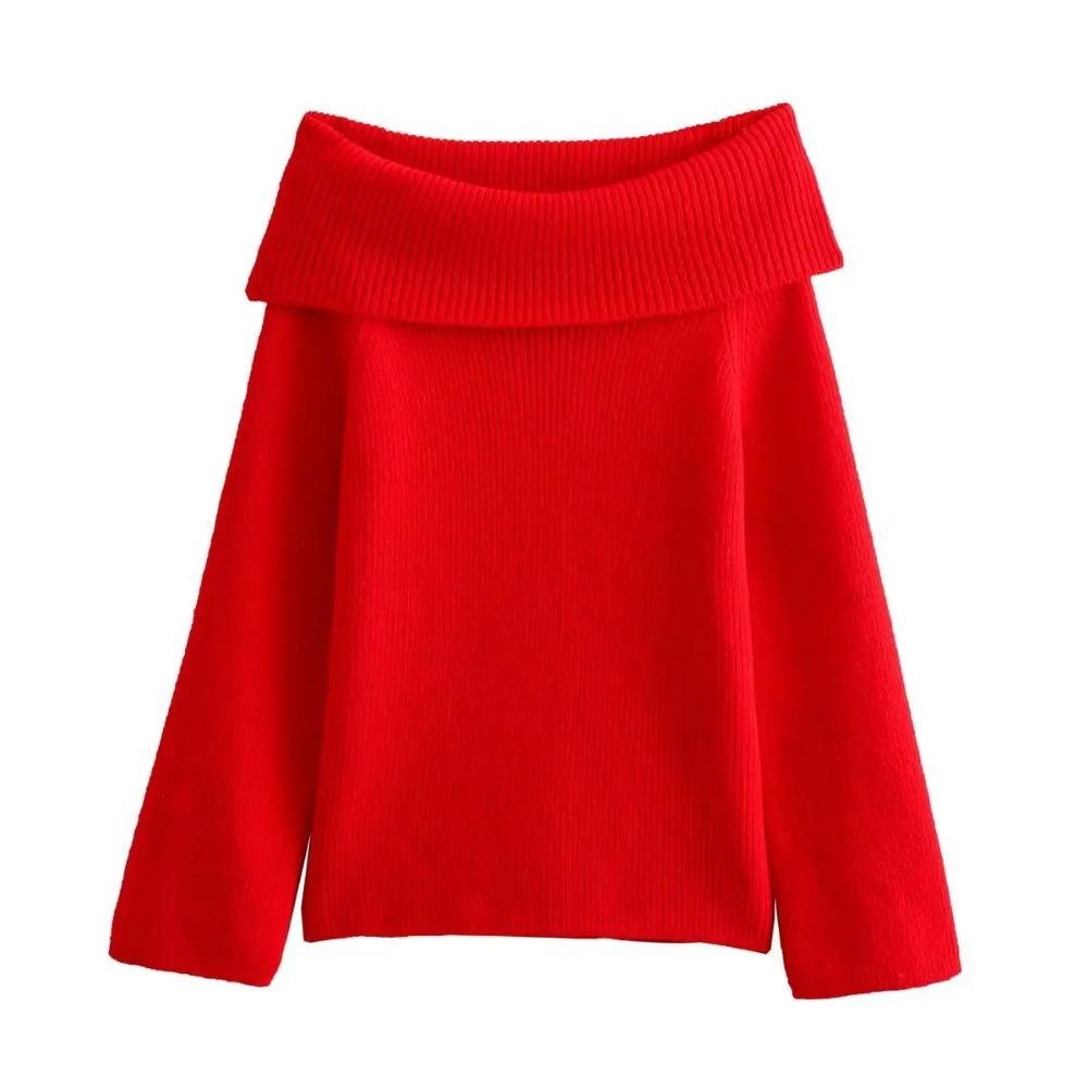 Women Fashion Solid Off Shoulder Sweater Long Sleeve Knitted Pullover Sweater Autumn and Winter Female Casual Knitwear Chic Top