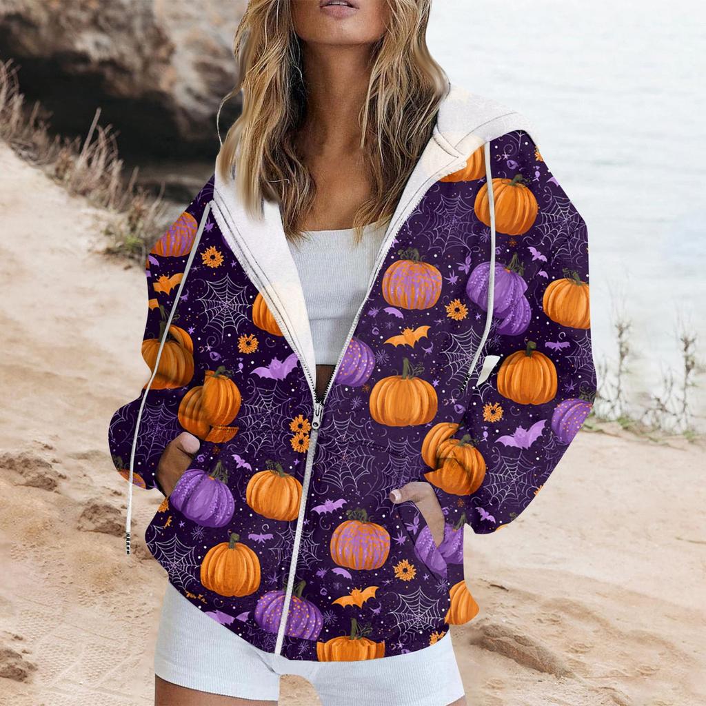 Women's Fashion Casual Halloween Printed Sweatshirt Long Sleeve With Pocket Cardigan Jacket Zipper Hoodie Coat