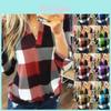 Stylish S-5xl Women's Long Sleeve Plaid T-shirt Blouse With V-neck Design