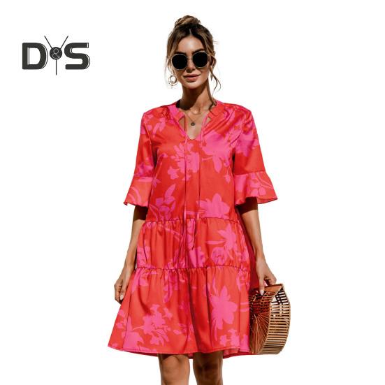 

Женское летнее мини-платье с коротким рукавом и V-образным вырезом, плиссированное платье с принтом в стиле бохо, короткое платье-трапеция, пляжный многоярусный струящийся сарафан S розы красного