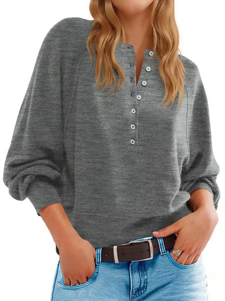 2025 Women's Solid Color Knit V-Neck Button-Up Sweater with Loose Lantern Sleeves