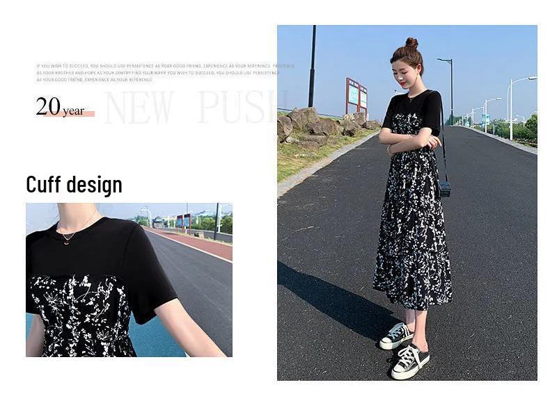 2022 Letní dámské květinové šaty ve stylu Hepburn střední délky s vysokým pasem a zeštíhlujícími krátkými rukávy