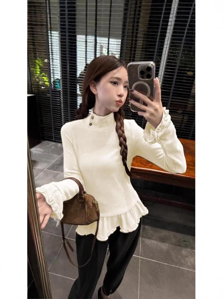 Women's Sweet Ruffle Long Sleeve High Neck Base Layer, 2025 Autumn/Winter Slimming Top