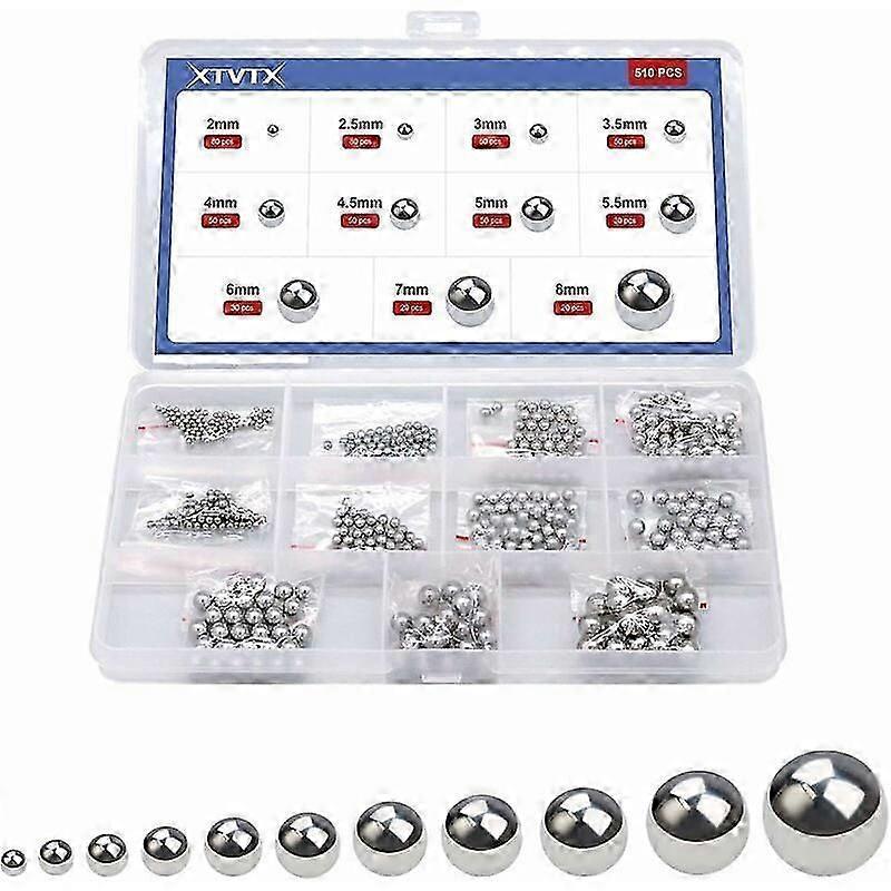 510 Pcs Solid Precision Chrome Steel Bearing Ball Assortment Kit Combination 2mm-8mm Used in Bicycle