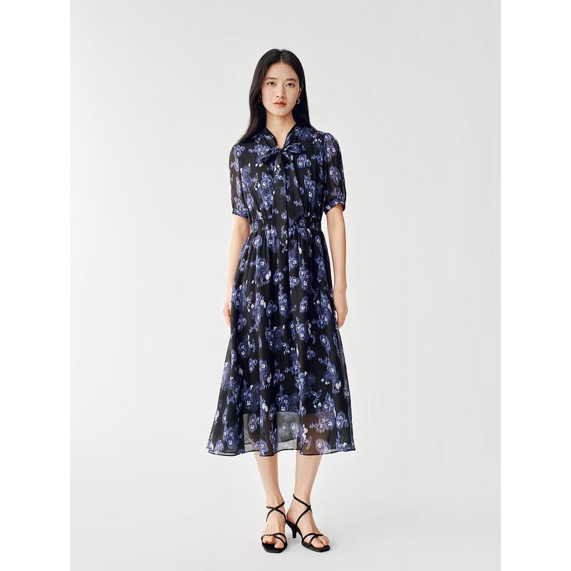 Jiuzi Elegant Printed Mulberry Silk Dress
