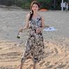Holiday wind floral v-neck halter suspender dress for women's summer niche loose waist over knee A-shaped long dress wholesale