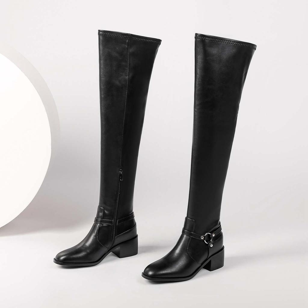 Krazing Pot Cow Split Skin Autumn Round Toe Winter Shoes Med Heels Equestrian Boots Big Size 45 Size 44 Size 46 Women Keep Warm Over-the-knee Boots
