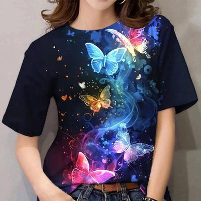 Summer Round Neck 3D Butterfly Pattern Print Top Fashionable Casual Short Sleeved Women's T-shirts