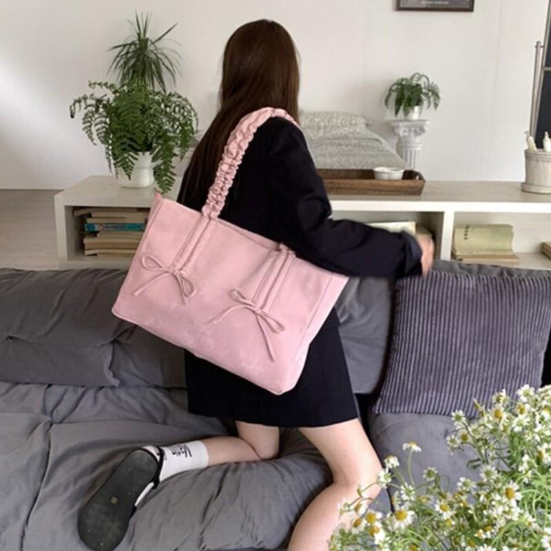 Sweet Cute Pink Bow Tote Bag Women Large Capacity Pleated Handle Shoulder Bag Ladies Casual Versatile Crossbody Purse Chic 2025