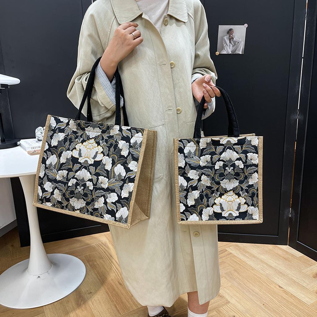 Floral Print Handbag Structured Linen Leather Tote Bag Large Capacity Tote Comfortable Urban Tote For Short Trips Work Daily
