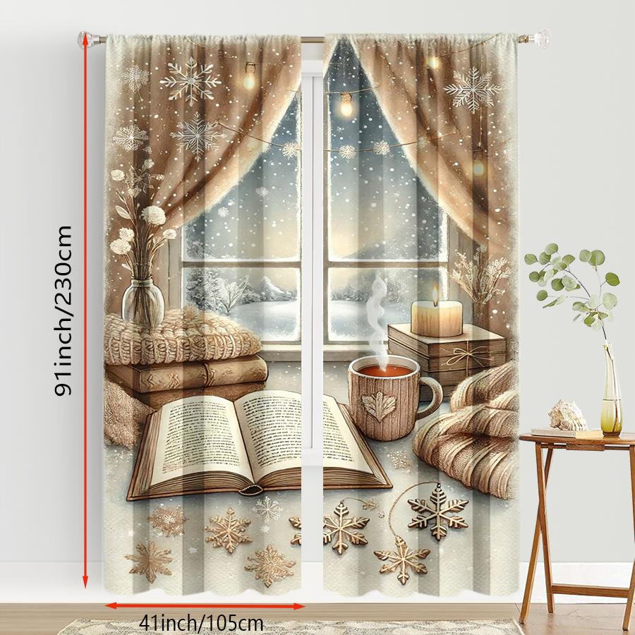 2PCS Digital Print Curtains, Cozy Window Coffee Cup Christmas Pattern, Warm Hygge Style for Xmas Holiday Season Home Decor