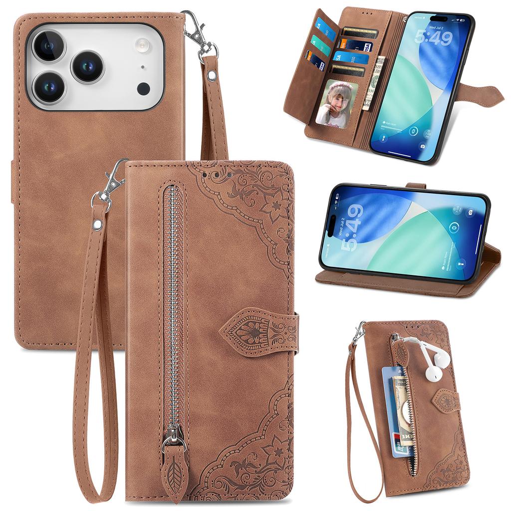 For iPhone 17 Pro Max Zipper Wallet Case with Strap Flower Imprint PU Leather Phone Cover