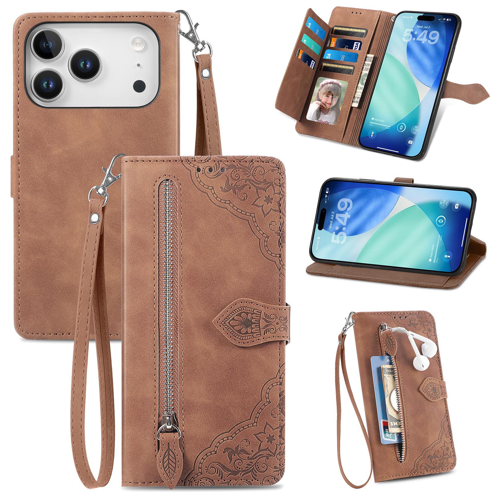 

For iPhone 17 Pro Zipper Wallet Case with Strap Flower Imprint PU Leather Phone Cover