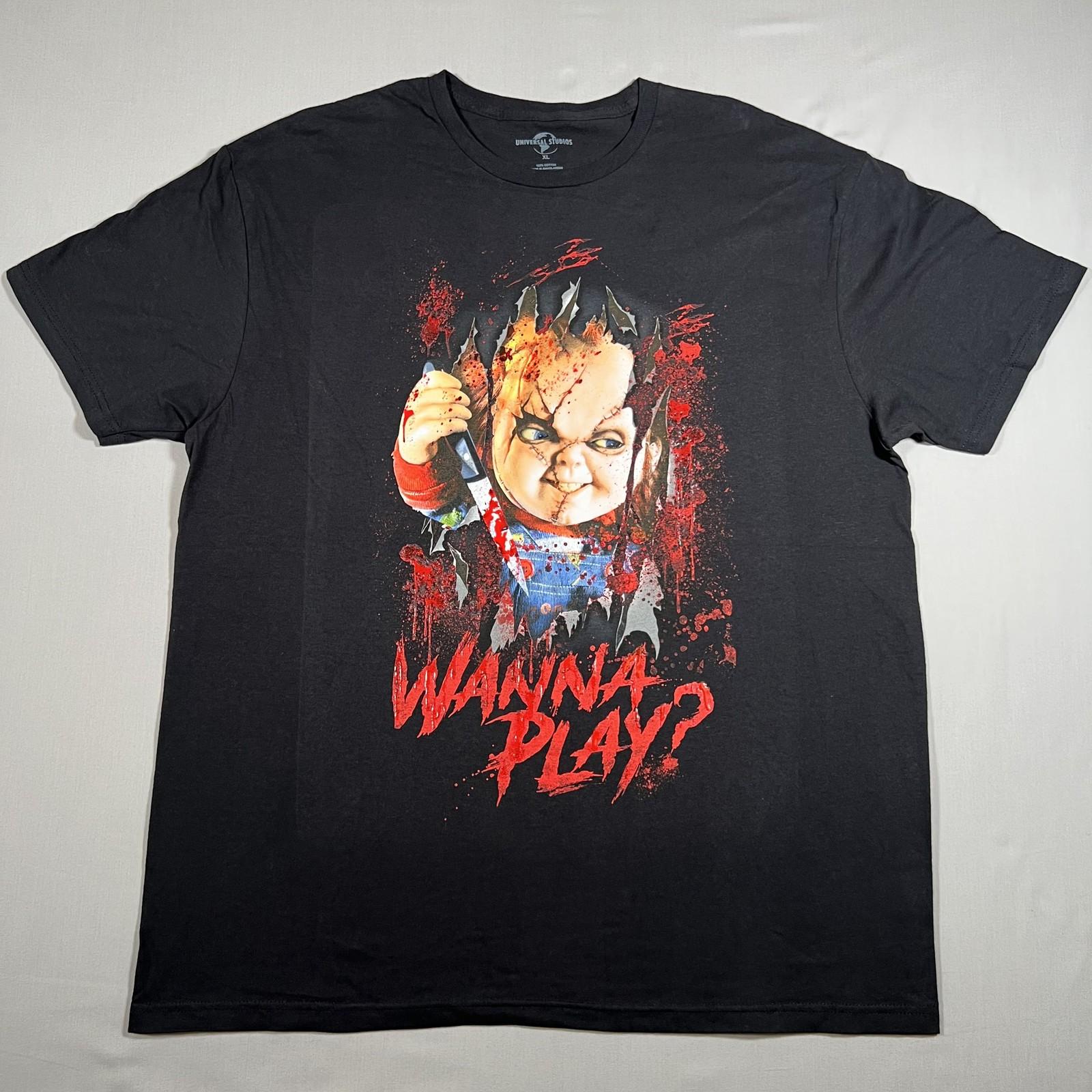 Chucky Wanna Play Horror Movie T-Shirt Mens Black XL Shiny Blood Print Unisex T-Shirt S