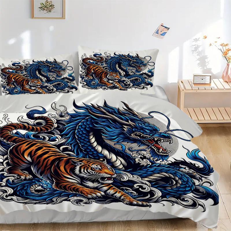 3pcs Blue Dragon Vs Tiger Bedding Set - Includes Quilt Cover and Pillowcases, Suitable for All Seasons, Machine Washable - Ideal Gift for Family