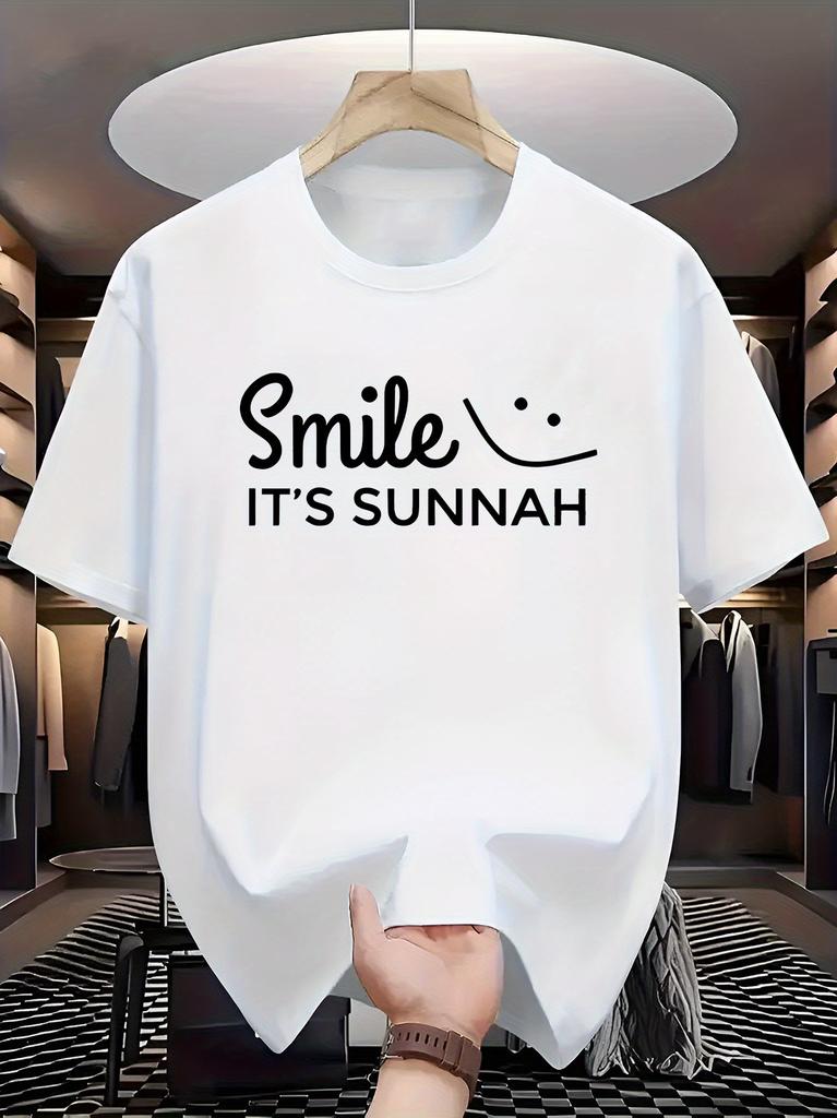 Unisexs Soft Cotton Crew Tee Smile Its Sunnah Simple Smile Face Letter Print Islamic Faith Casual Male Daily Short Sleeve Top