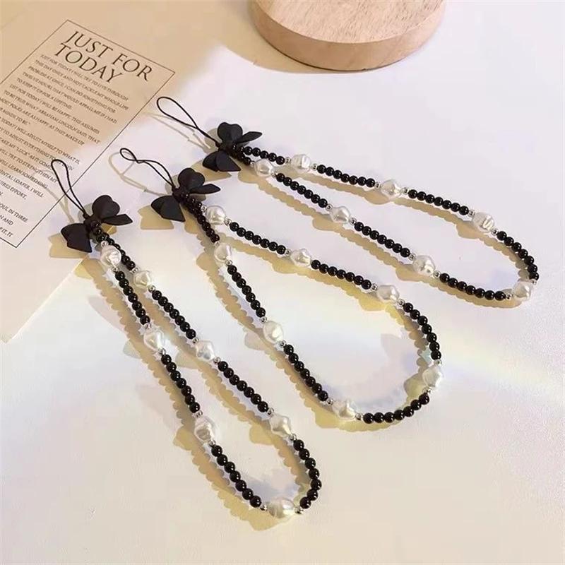 Korean Cute 3D Black Bow White Bead Beaded Phone Chain Charm Lanyard For iPhone CCD Hanging Rope Girl Jewelry Pendant Decoration