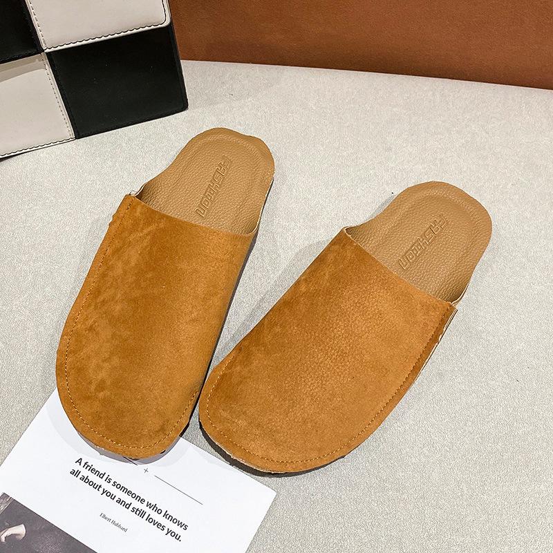 Grinding yarn bag head half slippers women's early spring new soft leather lazy shoes retro flat soft bottom cool slippers women