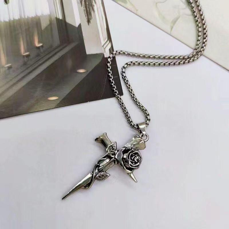 Long Chain Stylish Necklace With Unique Rose Cross Alloy Pendant For Trendsetters
